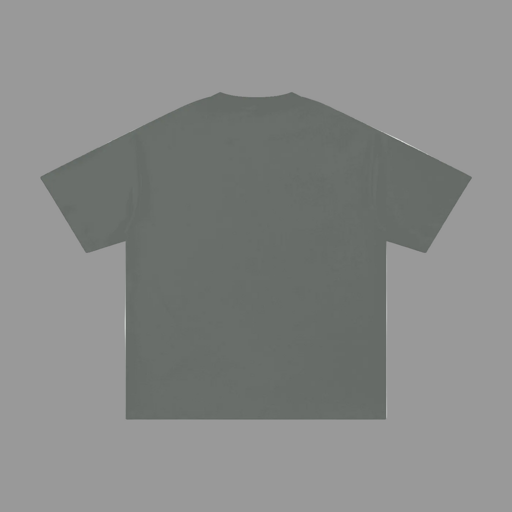 A flat-lay view of a short-sleeve crewneck t-shirt in a solid dark gray color, shown against a plain gray background.