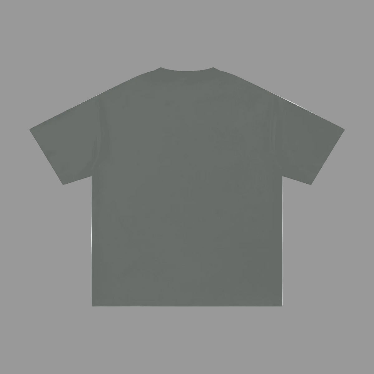 A flat-lay view of a short-sleeve crewneck t-shirt in a solid dark gray color, shown against a plain gray background.