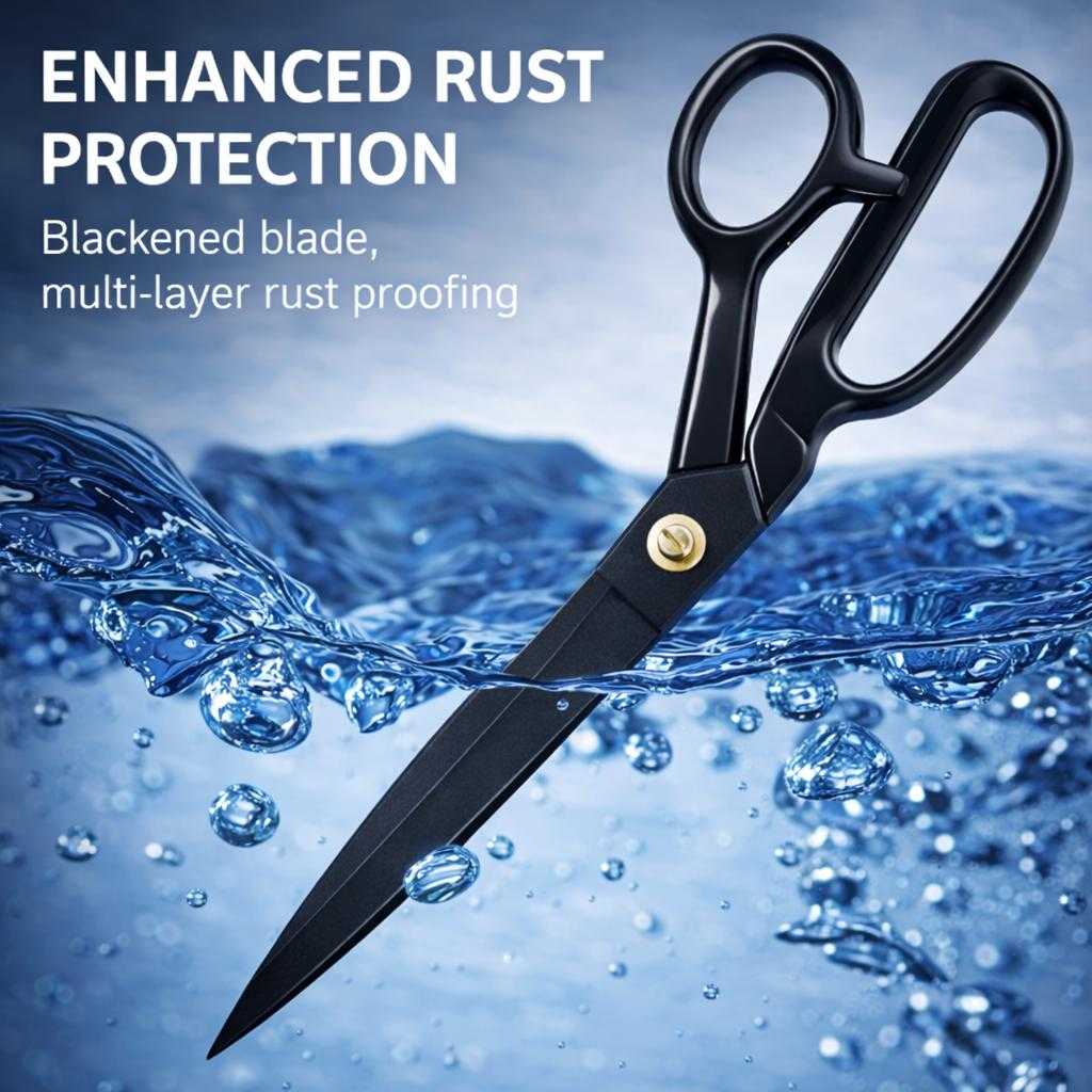 Rust-resistant black steel fabric scissors with protective coating for long-lasting cutting performance