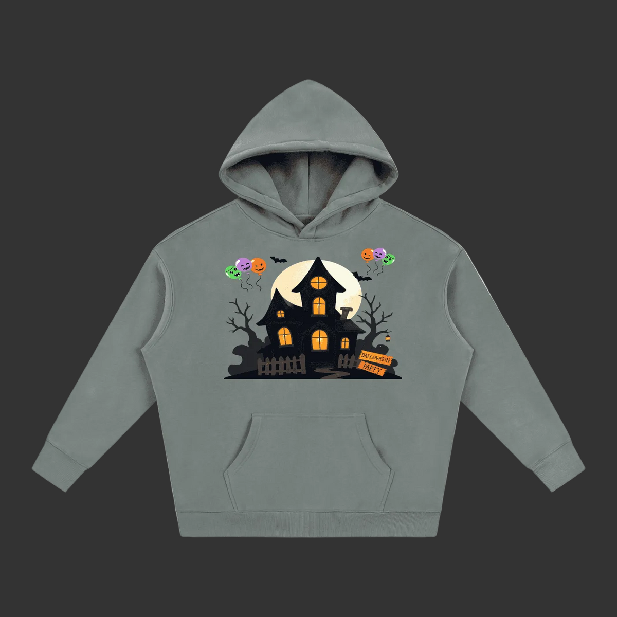 A gray pullover hoodie featuring a Halloween-themed graphic print on the front with a haunted house, full moon, bats, pumpkins, and balloons, shown against a plain gray background.