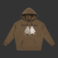 A brown pullover hoodie with a 'Trick or Treat' graphic featuring two cartoon ghosts in Halloween costumes holding pumpkins, displayed on a solid gray background.