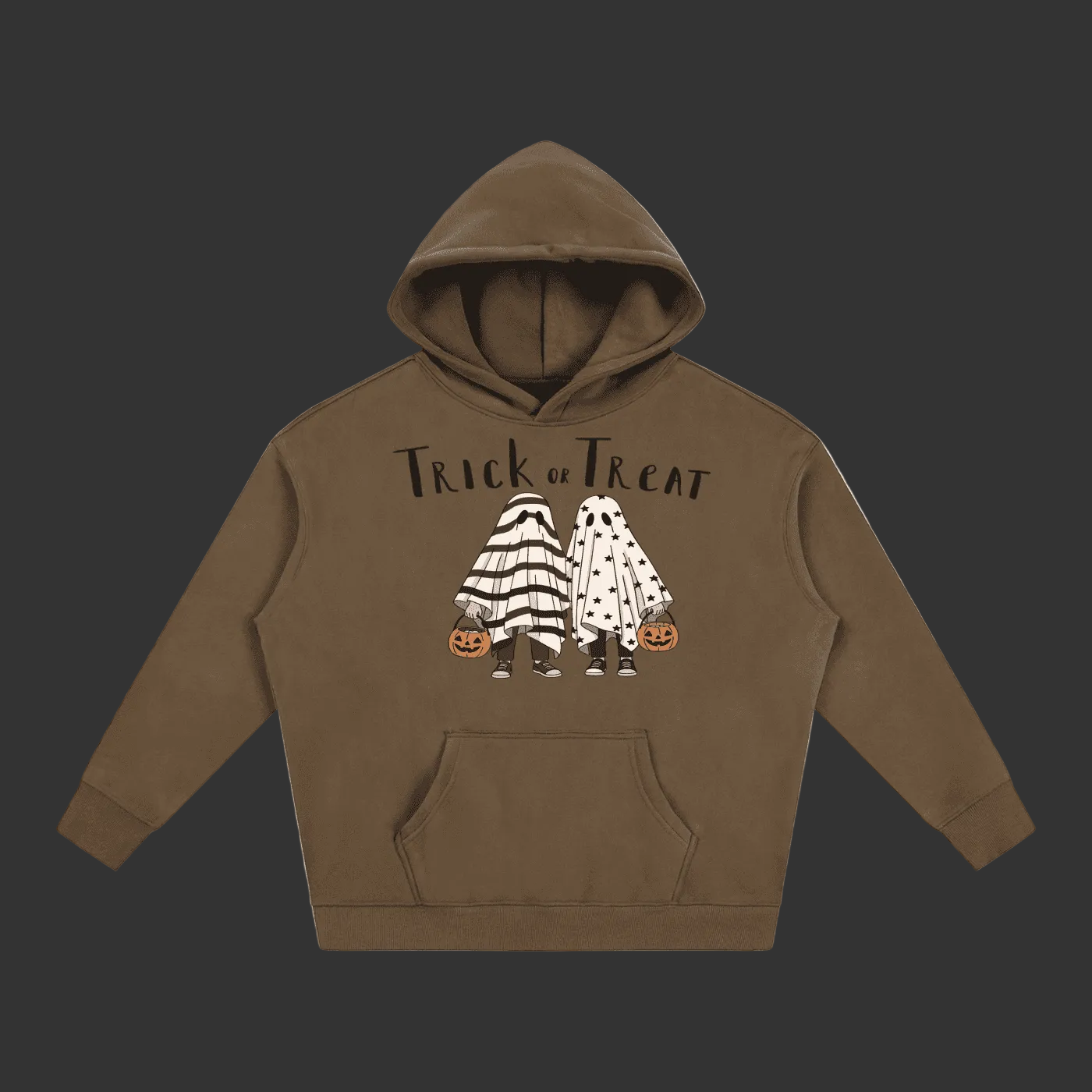 A brown pullover hoodie with a 'Trick or Treat' graphic featuring two cartoon ghosts in Halloween costumes holding pumpkins, displayed on a solid gray background.