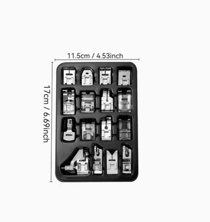16-piece low shank snap-on presser foot set in storage case with product dimensions displayed