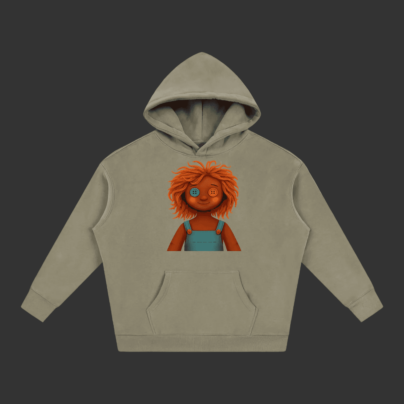 A sage green pullover hoodie with a graphic print of a cartoon doll with orange hair and blue overalls on the front, displayed against a solid gray background
