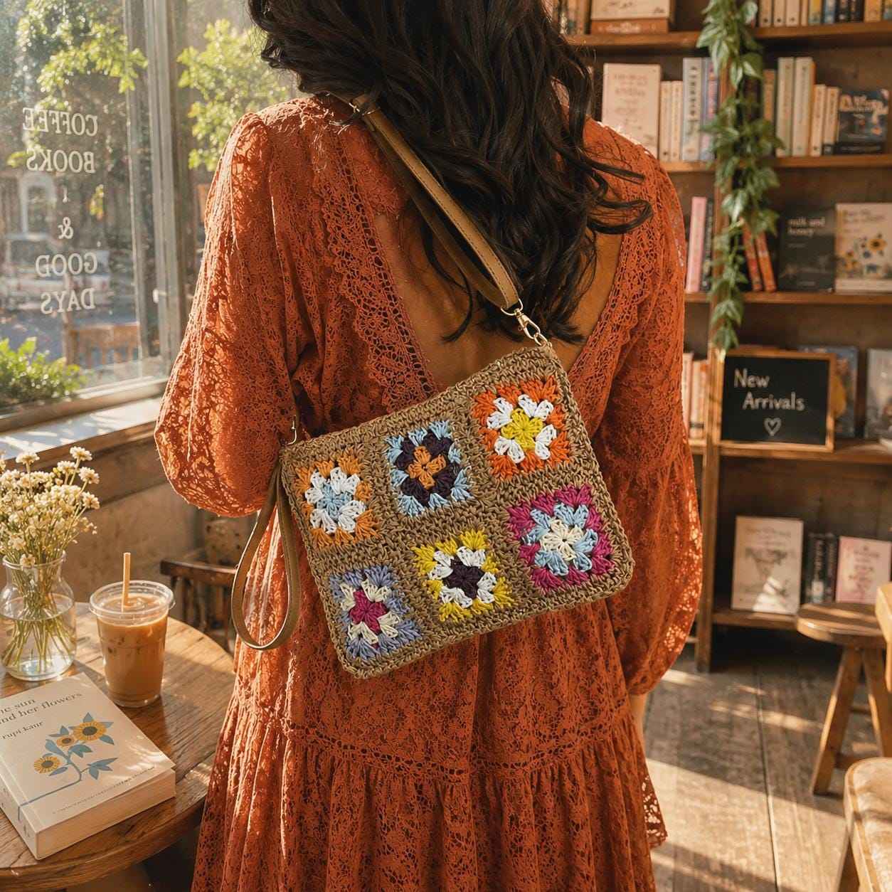 Woman wearing a vintage granny square crochet purse with colorful patchwork pattern and adjustable shoulder strap