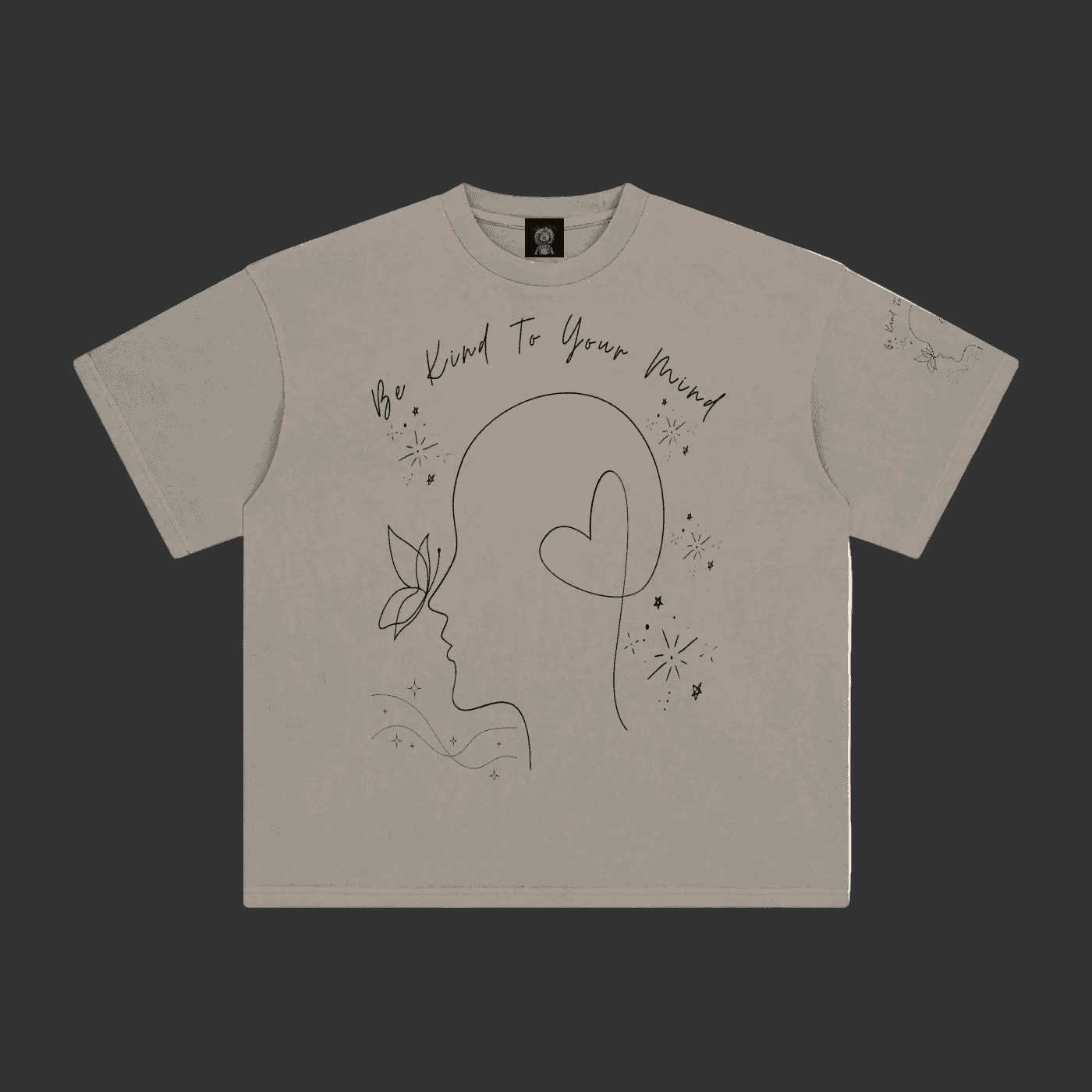 A light gray short-sleeve t-shirt with a black line art graphic of a profile silhouette, a heart, and the text 'We Kind To Your Friend' on the front, displayed flat against a gray background.