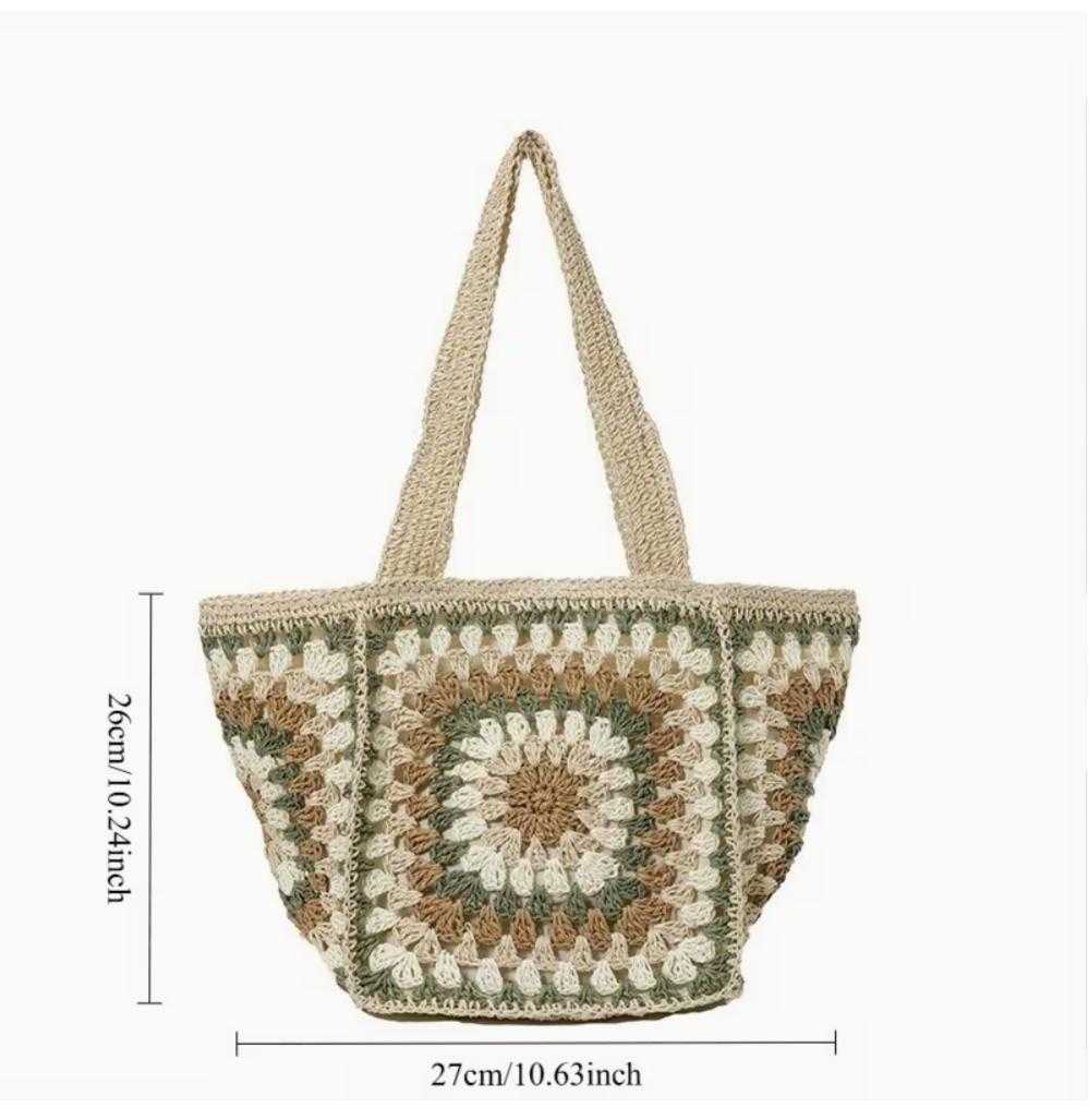 Boho crochet tote bag dimensions chart showing size and shape of woven granny square beach purse
