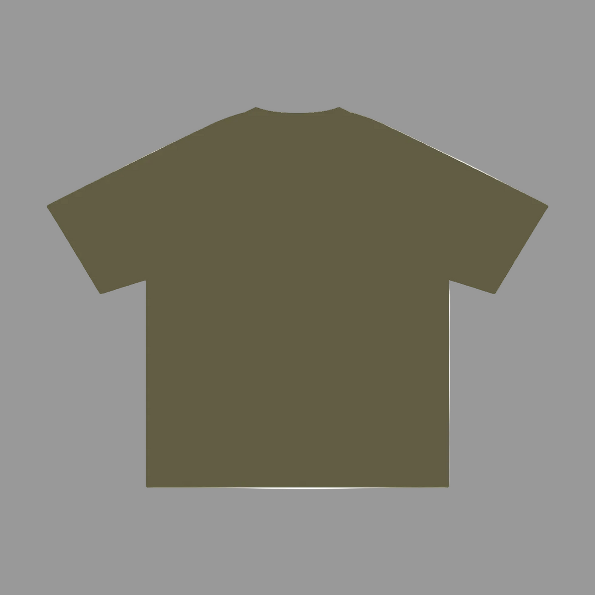 An olive green short-sleeve t-shirt shown from the back, presented as a flat lay on a solid gray background.