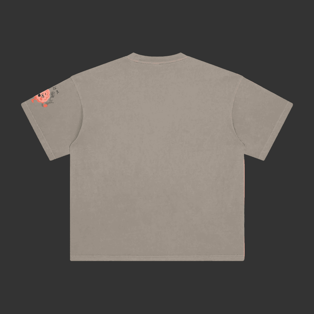 A short-sleeve crewneck t-shirt in a washed taupe-gray color, shown from the back. It features a small graphic print on the left sleeve with a pinkish-orange brain and black text.