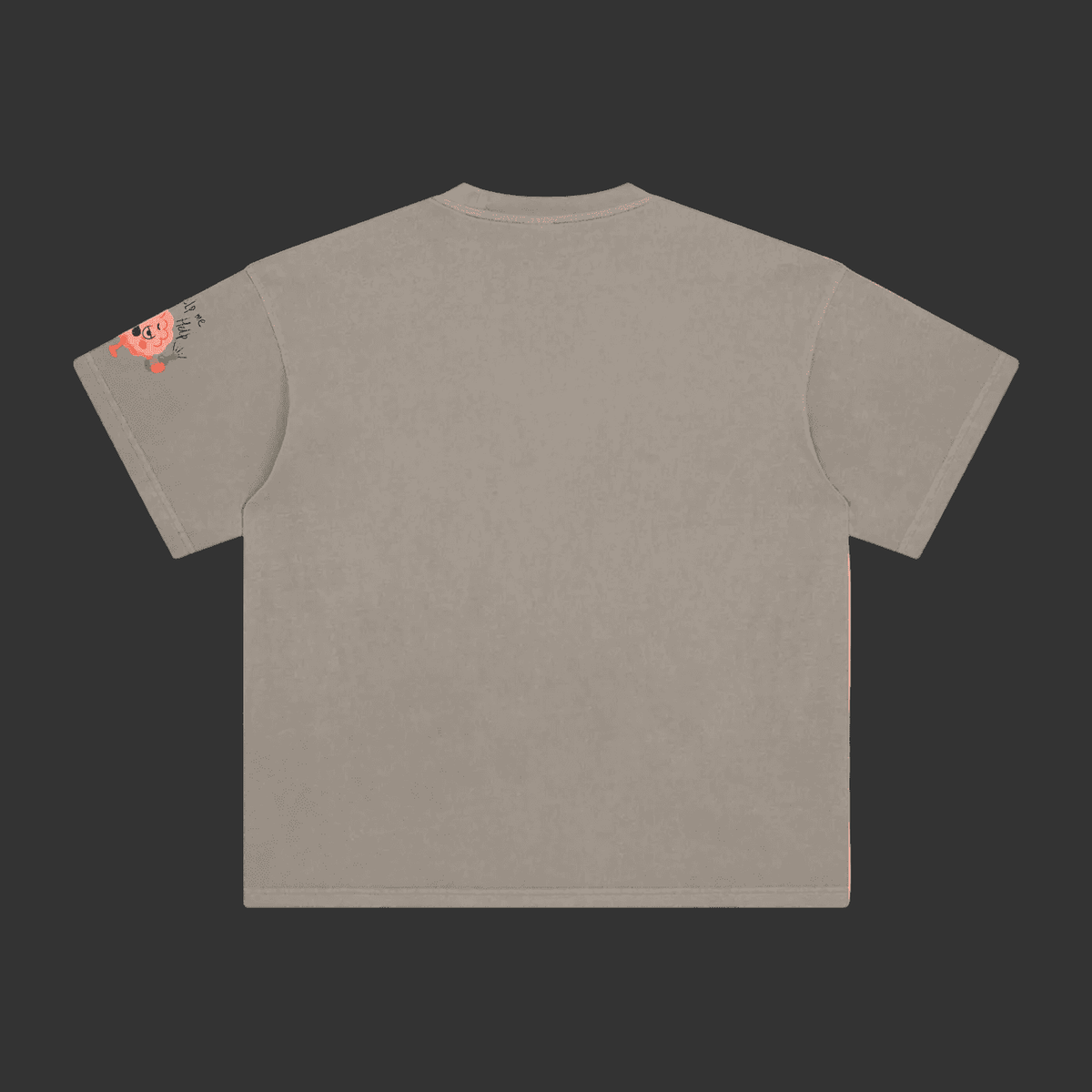 A short-sleeve crewneck t-shirt in a washed taupe-gray color, shown from the back. It features a small graphic print on the left sleeve with a pinkish-orange brain and black text.