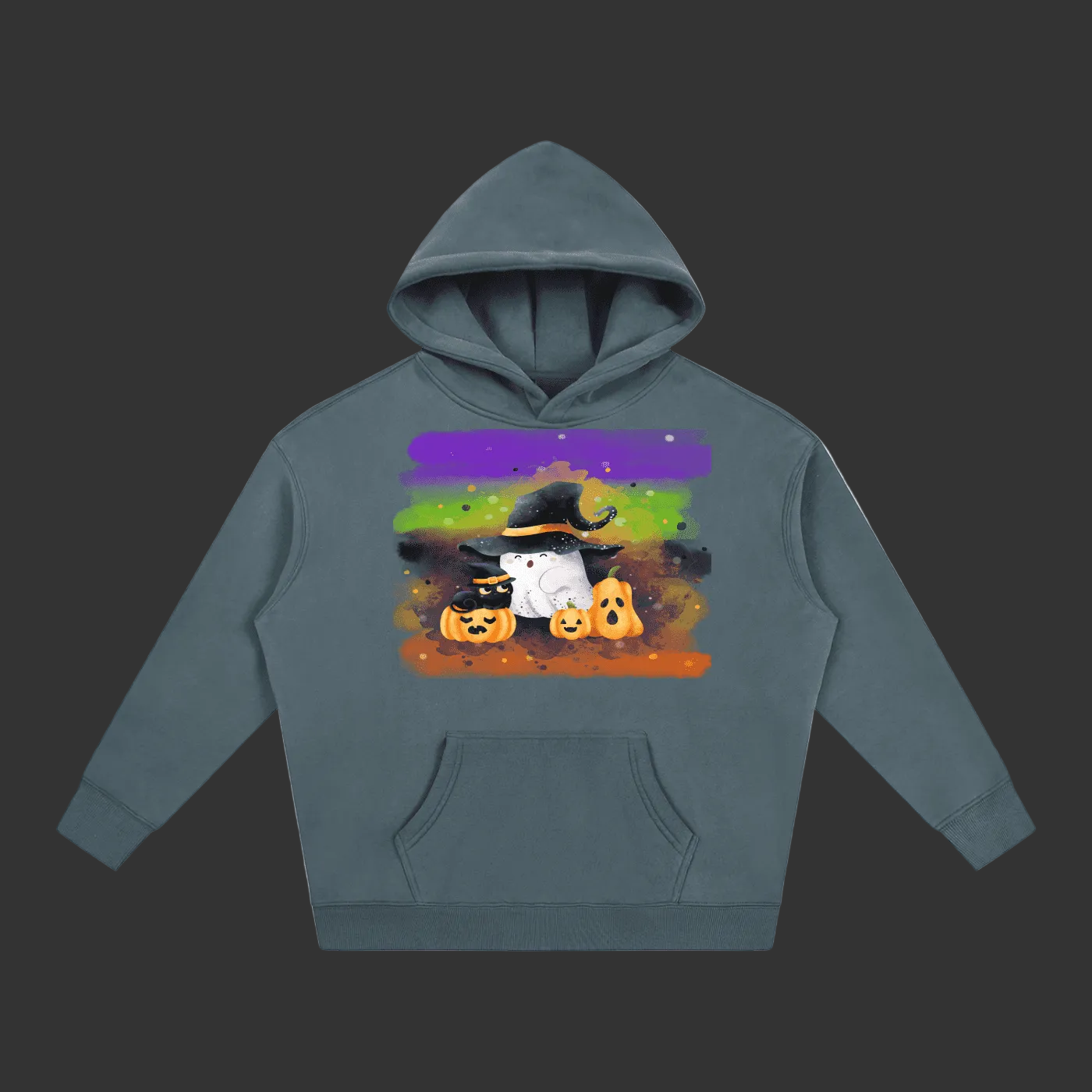 A dark slate blue-gray hoodie with a colorful graphic on the chest showing a ghostly cat in a witch hat surrounded by three jack-o'-lantern pumpkins against a purple, green, and orange watercolor background.