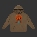 A brown pullover hoodie with a graphic print of a cartoon doll with orange hair and blue overalls on the chest, displayed on a solid gray background.