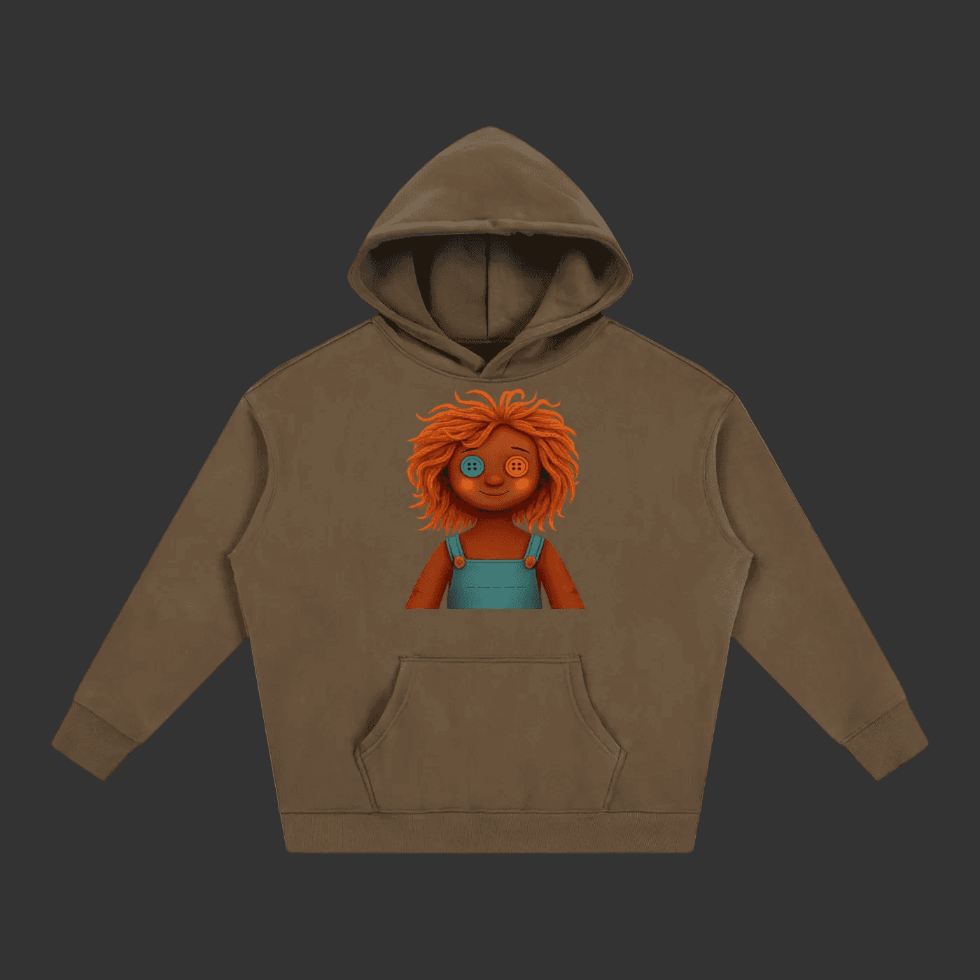 A brown pullover hoodie with a graphic print of a cartoon doll with orange hair and blue overalls on the chest, displayed on a solid gray background.