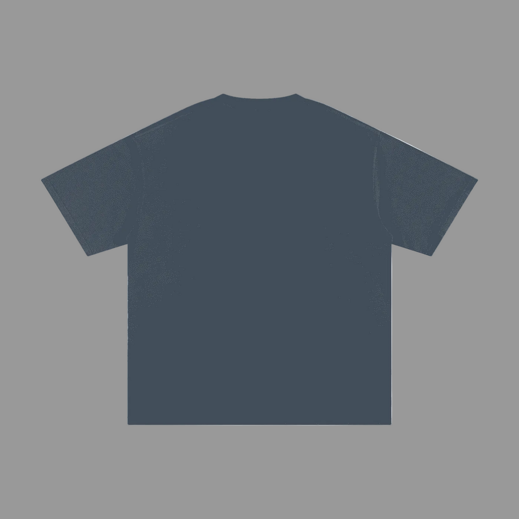 Black t-shirt with a green logo on a grey background