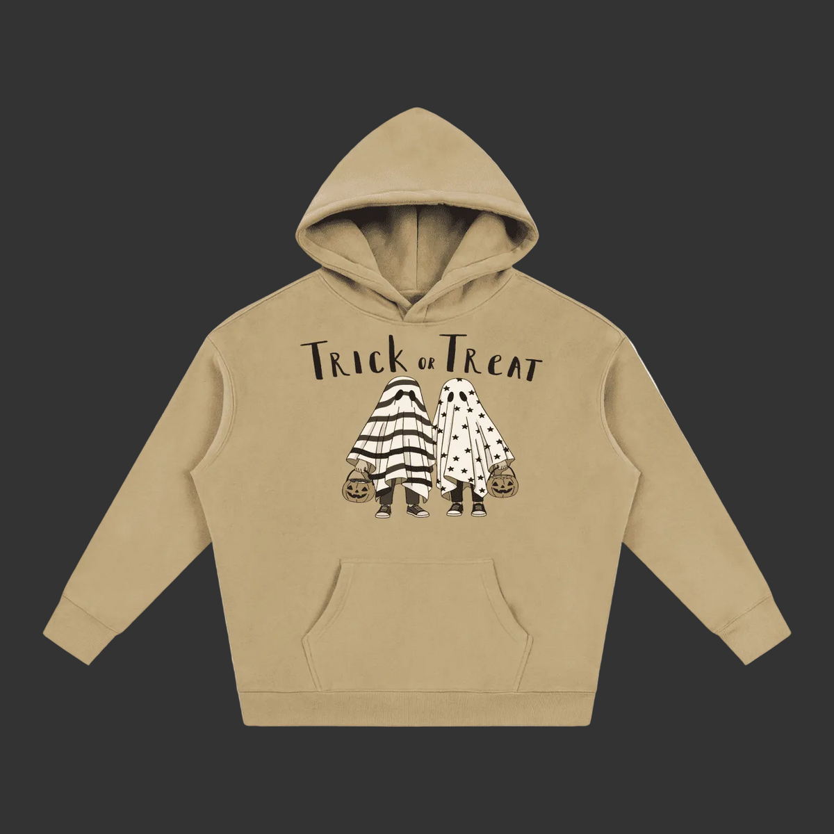 A beige pullover hoodie with a 'Trick or Treat' graphic on the chest, featuring two cartoon ghosts in black-and-white and white-and-black patterns holding pumpkins, shown on a plain gray background