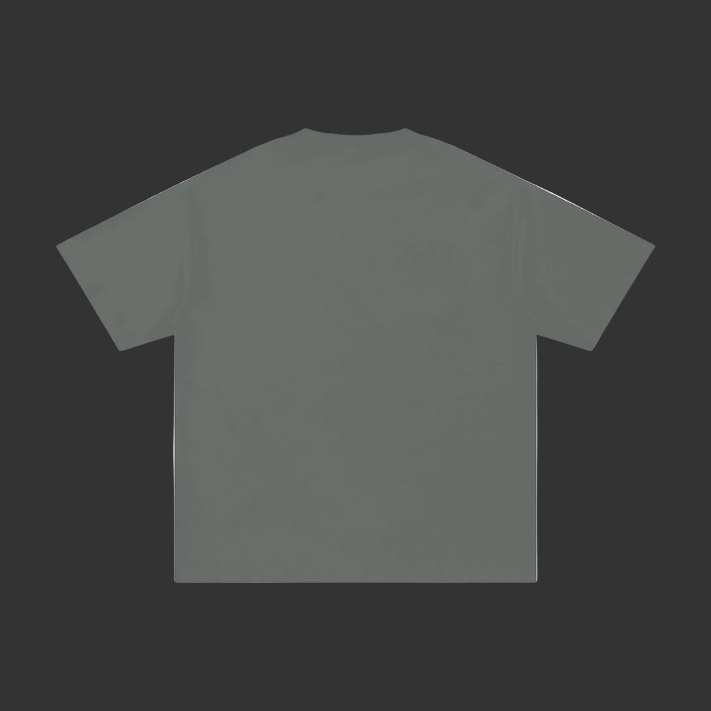 A flat-lay view of a short-sleeve crewneck t-shirt in a solid dark gray color, shown against a plain grey background.