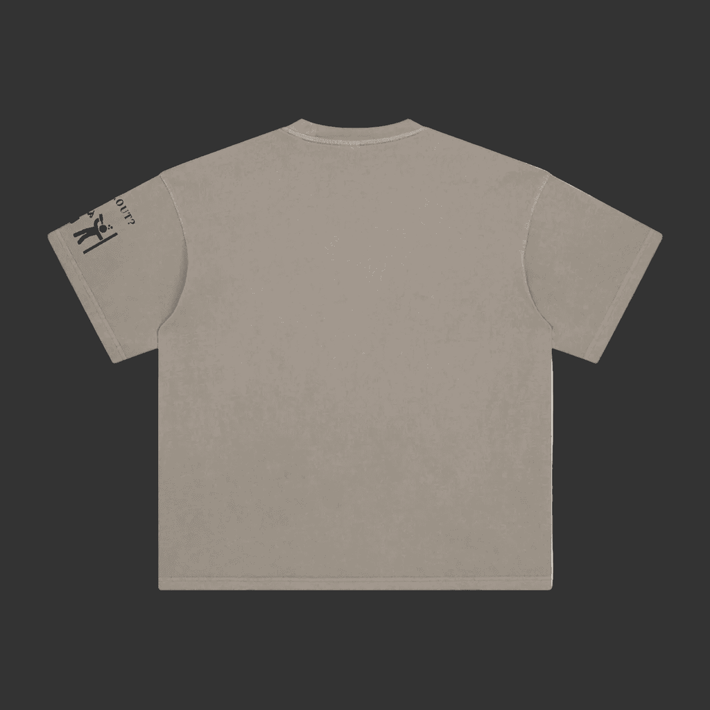 Black t-shirt with a small logo on the sleeve against a gray background
