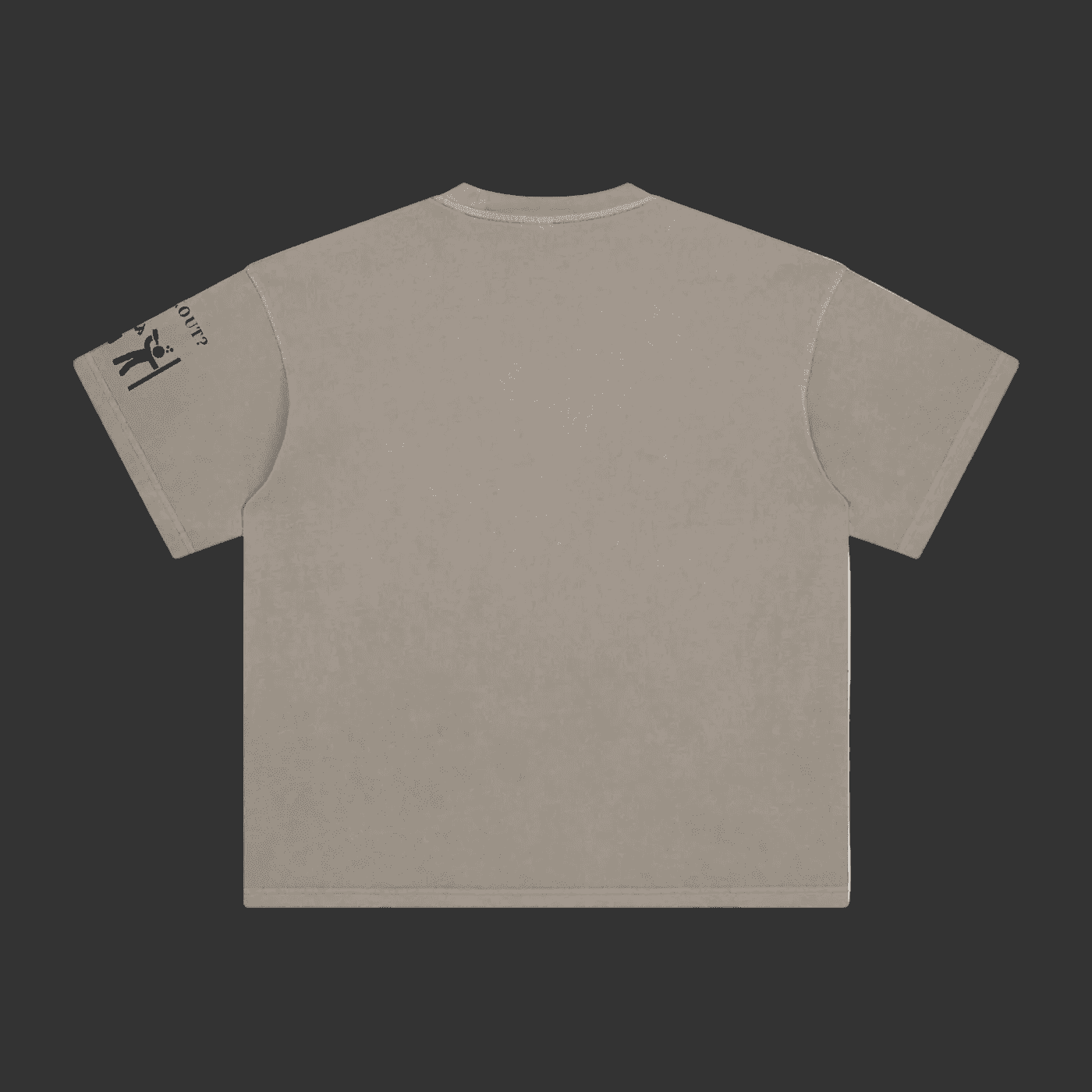 Black t-shirt with a small logo on the sleeve against a gray background