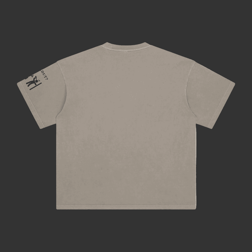 Black t-shirt with a small logo on the sleeve against a gray background