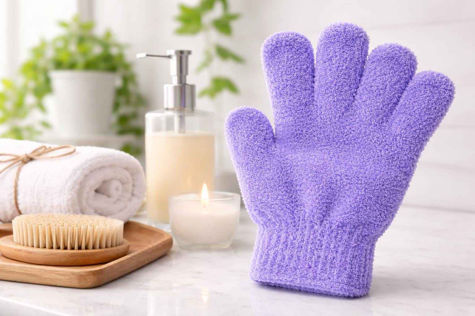 Purple exfoliating shower glove for body cleansing and skin renewal in spa-inspired bathroom setting