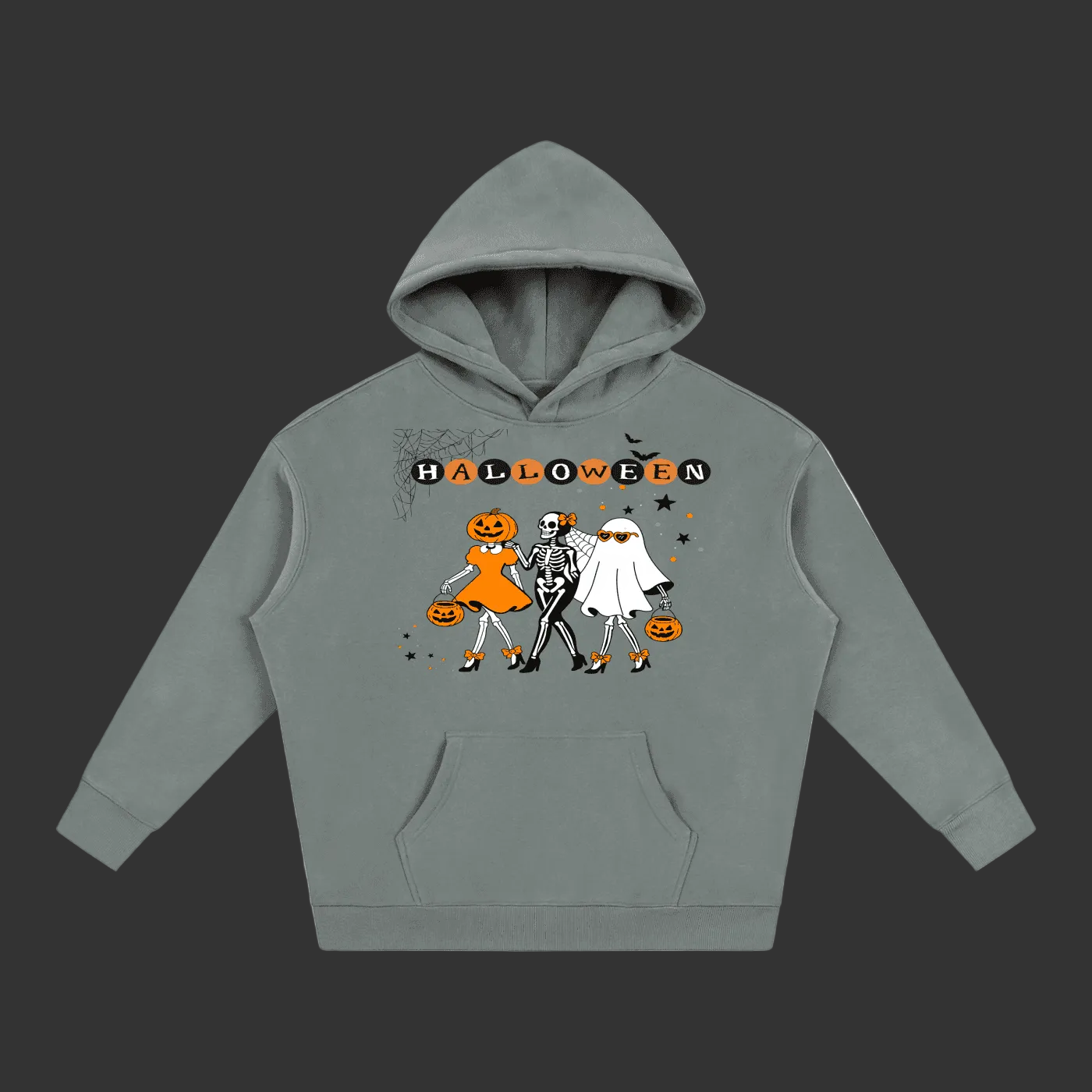 A gray pullover hoodie featuring a Halloween-themed graphic print on the front with the word 'HALLOWEEN' and three cartoon characters in costumes, shown on a plain gray background.