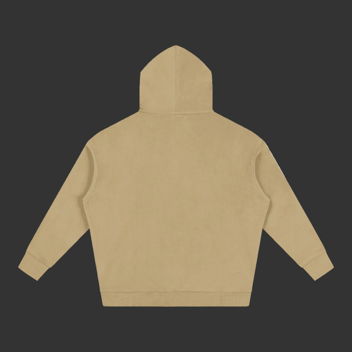 A light tan hooded sweatshirt shown from the back, laid flat against a solid white background.