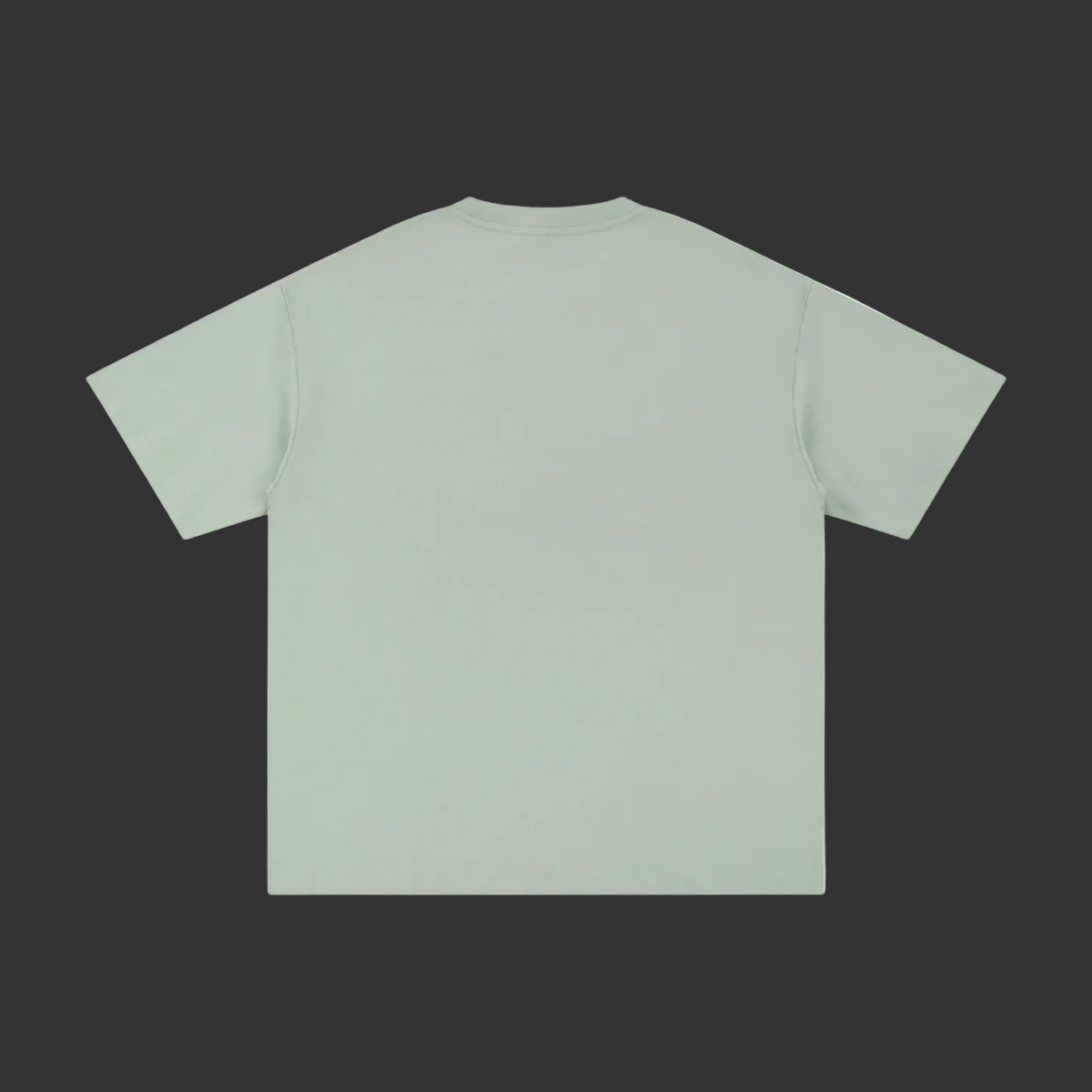 A sage green short-sleeve t-shirt shown from the back, laid flat against a solid gray background.