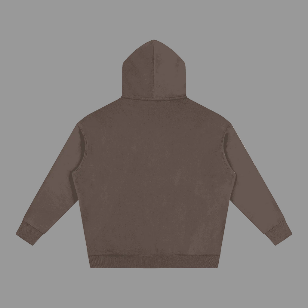 A dark brown hoodie shown from the back. The hoodie has a hood, long sleeves, and a ribbed hem and cuffs, presented on a solid gray background.
