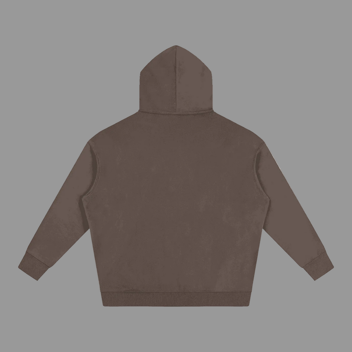 A dark brown hoodie shown from the back. The hoodie has a hood, long sleeves, and a ribbed hem and cuffs, presented on a solid gray background.