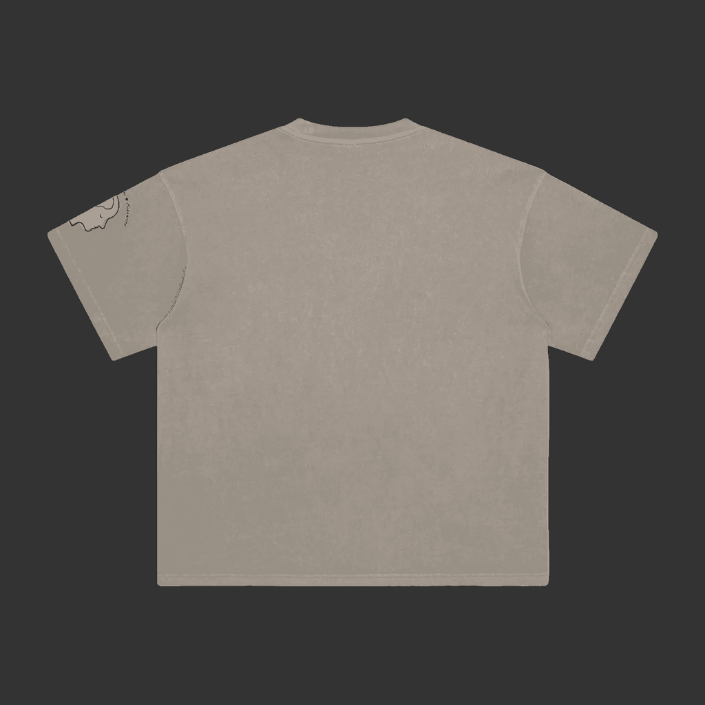 A short-sleeve crewneck t-shirt in a muted taupe-gray color, shown from the back. A small graphic print is partially visible on the left sleeve.