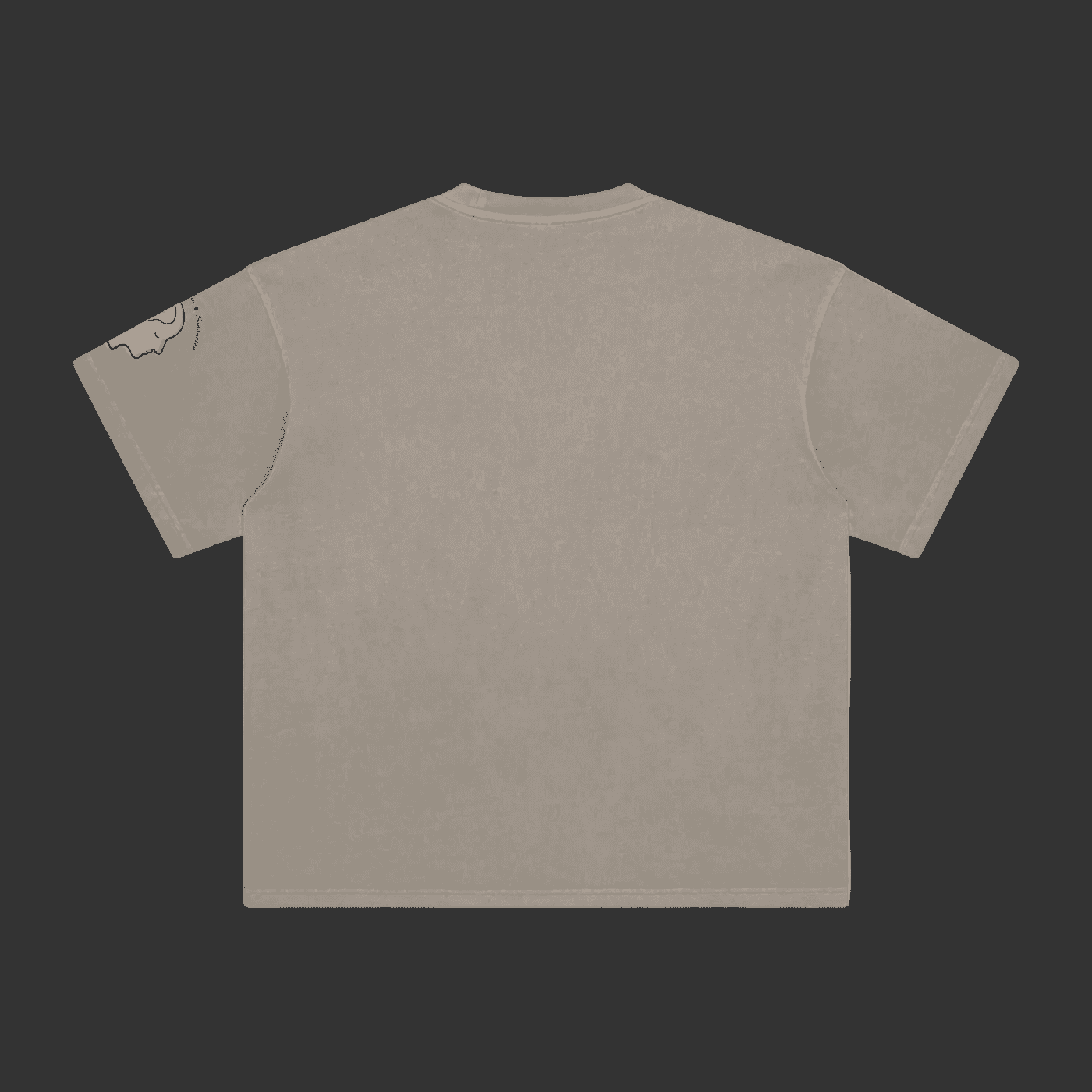 A short-sleeve crewneck t-shirt in a muted taupe-gray color, shown from the back. A small graphic print is partially visible on the left sleeve.