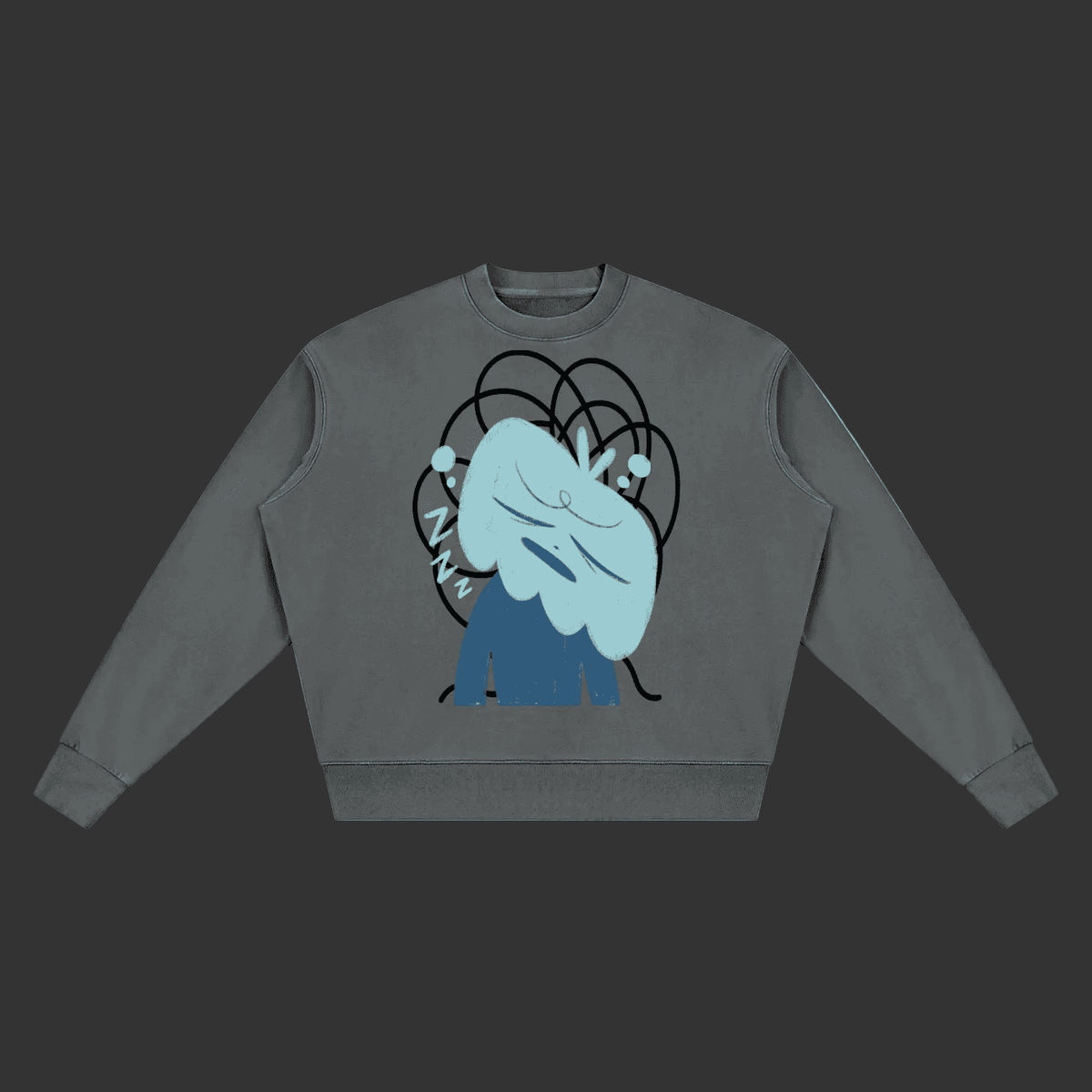 A dark gray crewneck sweatshirt featuring a graphic print of a light blue, stylized character with black hair-like loops and small mint green accents, displayed on a solid gray background.