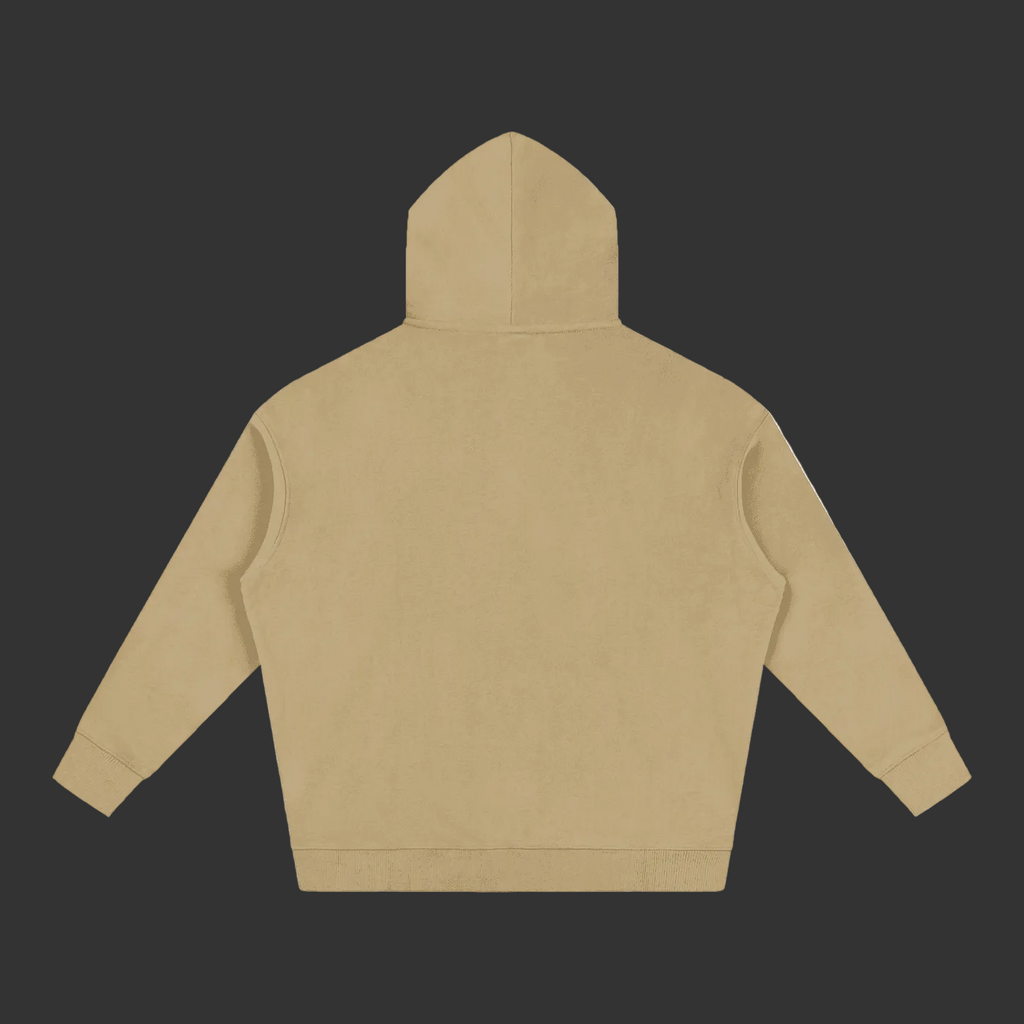A light tan hooded sweatshirt shown from the back, laid flat against a solid gray background.