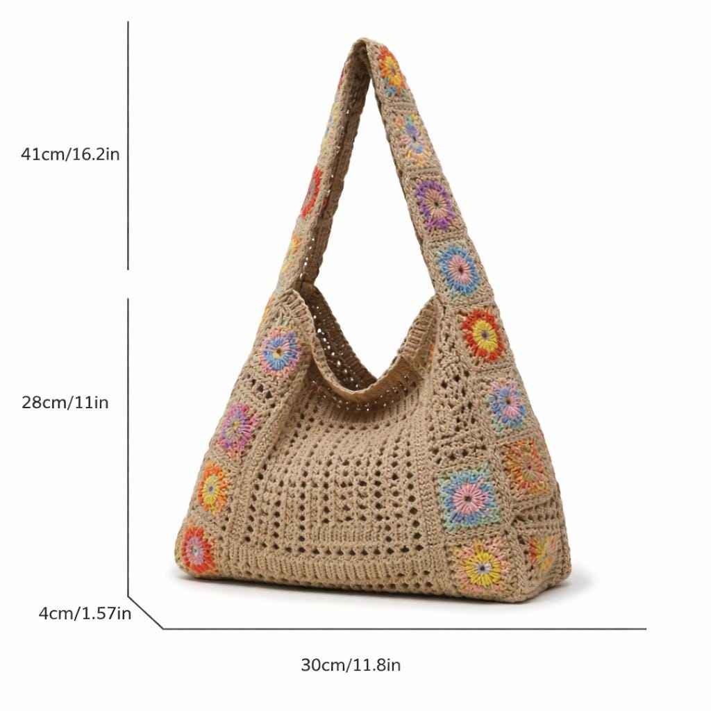 Boho crochet tote bag with colorful granny square embroidery