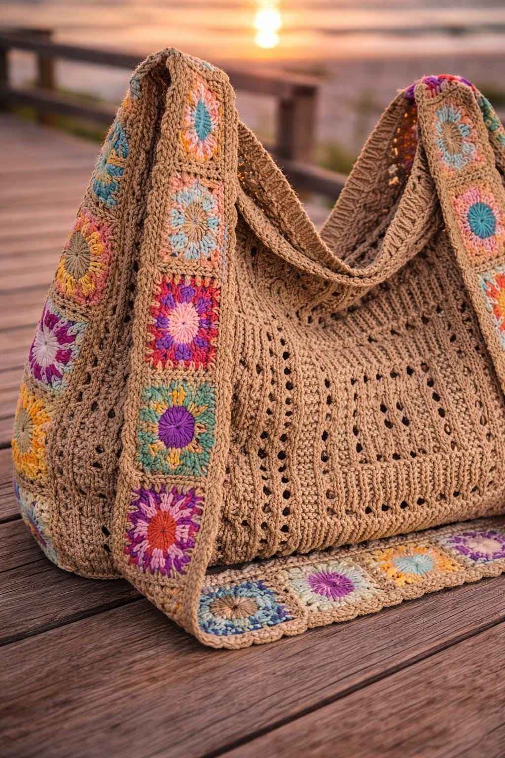 Boho crochet tote bag with colorful granny square details