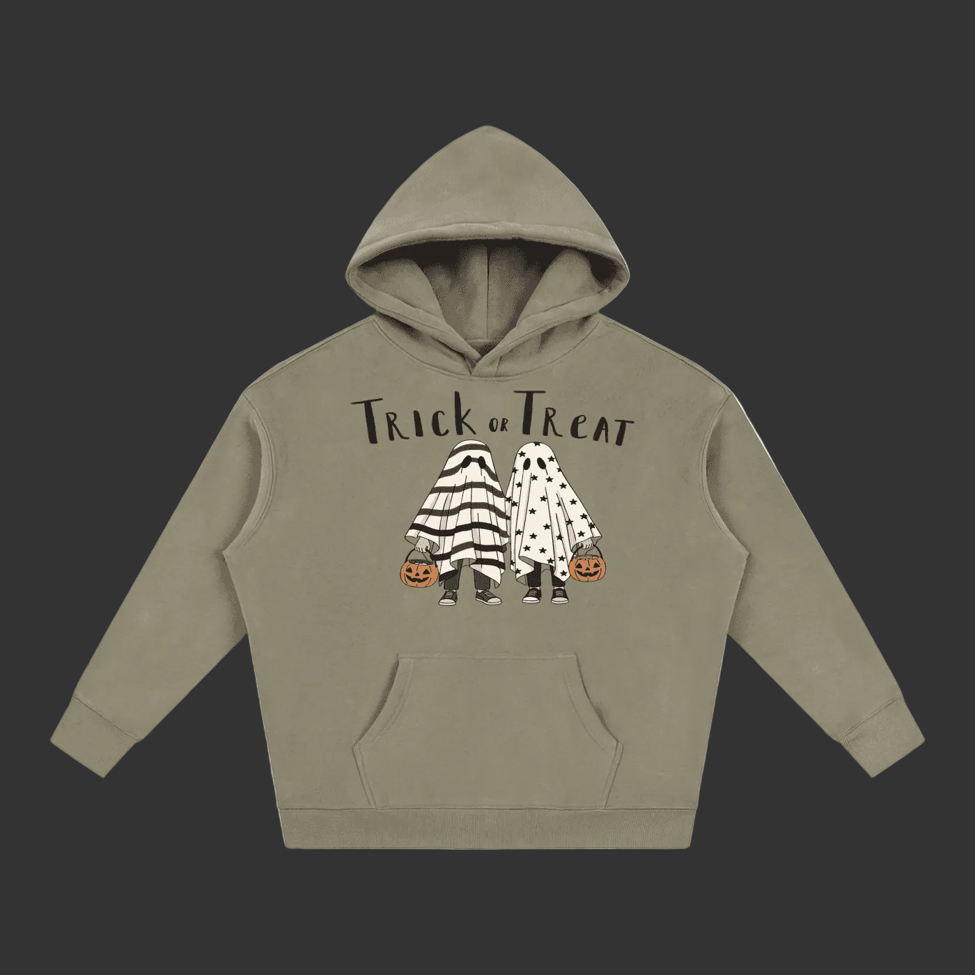 An olive green pullover hoodie with a 'Trick or Treat' graphic featuring two cartoon ghosts holding pumpkins, displayed on a clean gray background.