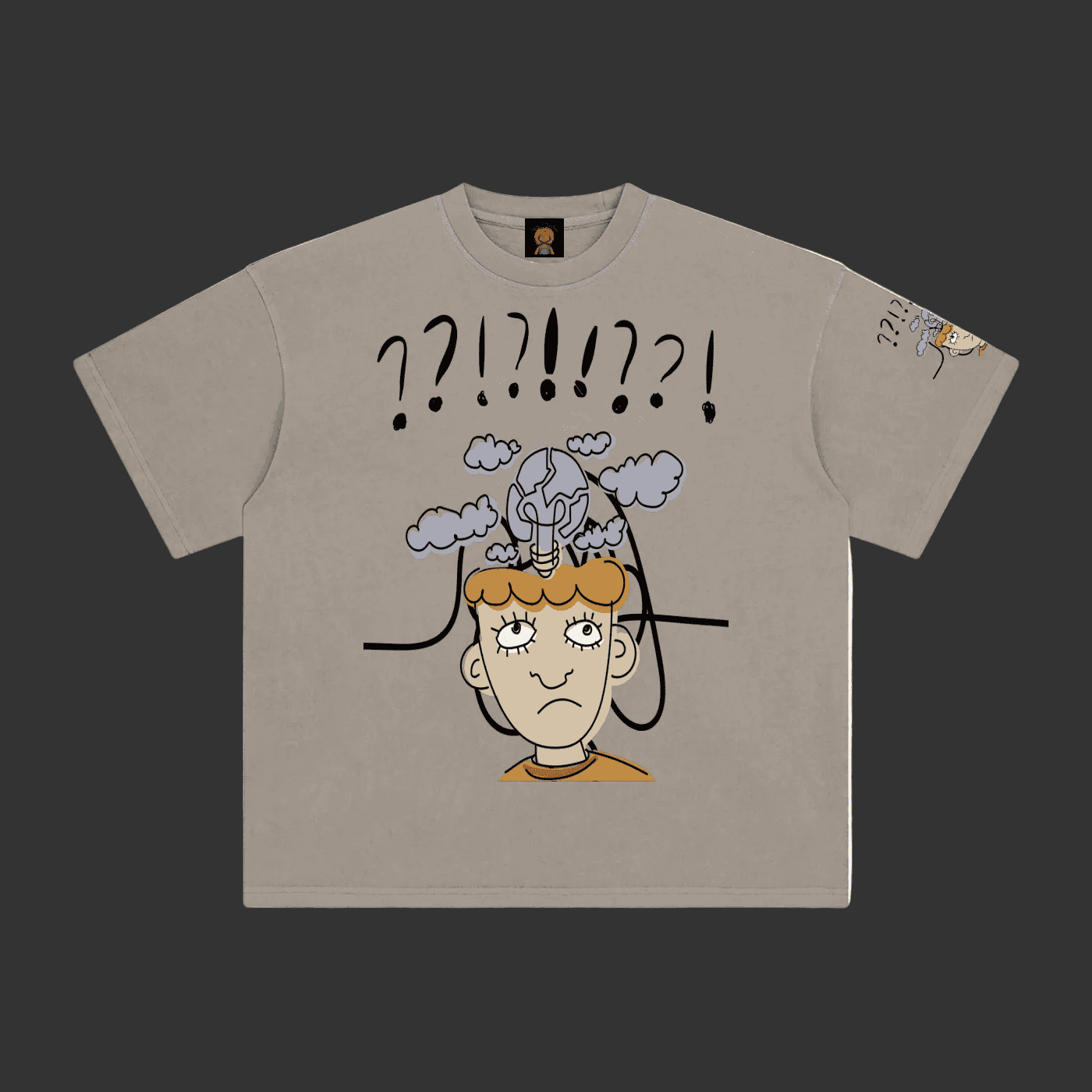 A light gray crewneck t-shirt featuring a cartoon graphic of a confused person with a lightbulb on their head and question marks above, shown on a plain gray background.