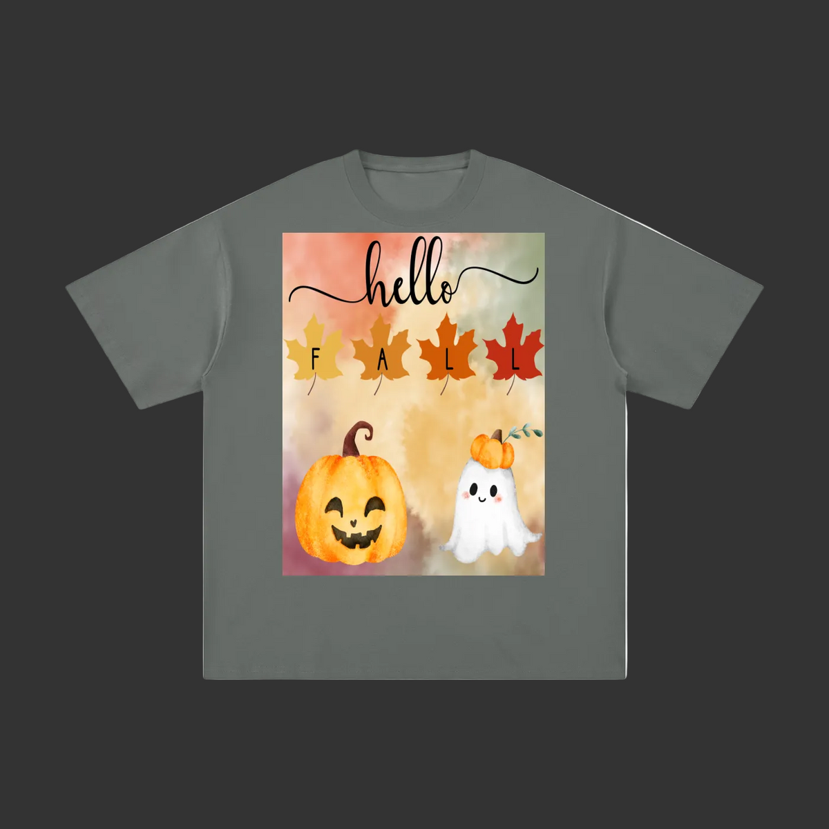A dark gray short-sleeve t-shirt with a colorful 'Hello Fall' graphic print on the front, featuring a jack-o'-lantern, a white ghost, and autumn leaves.