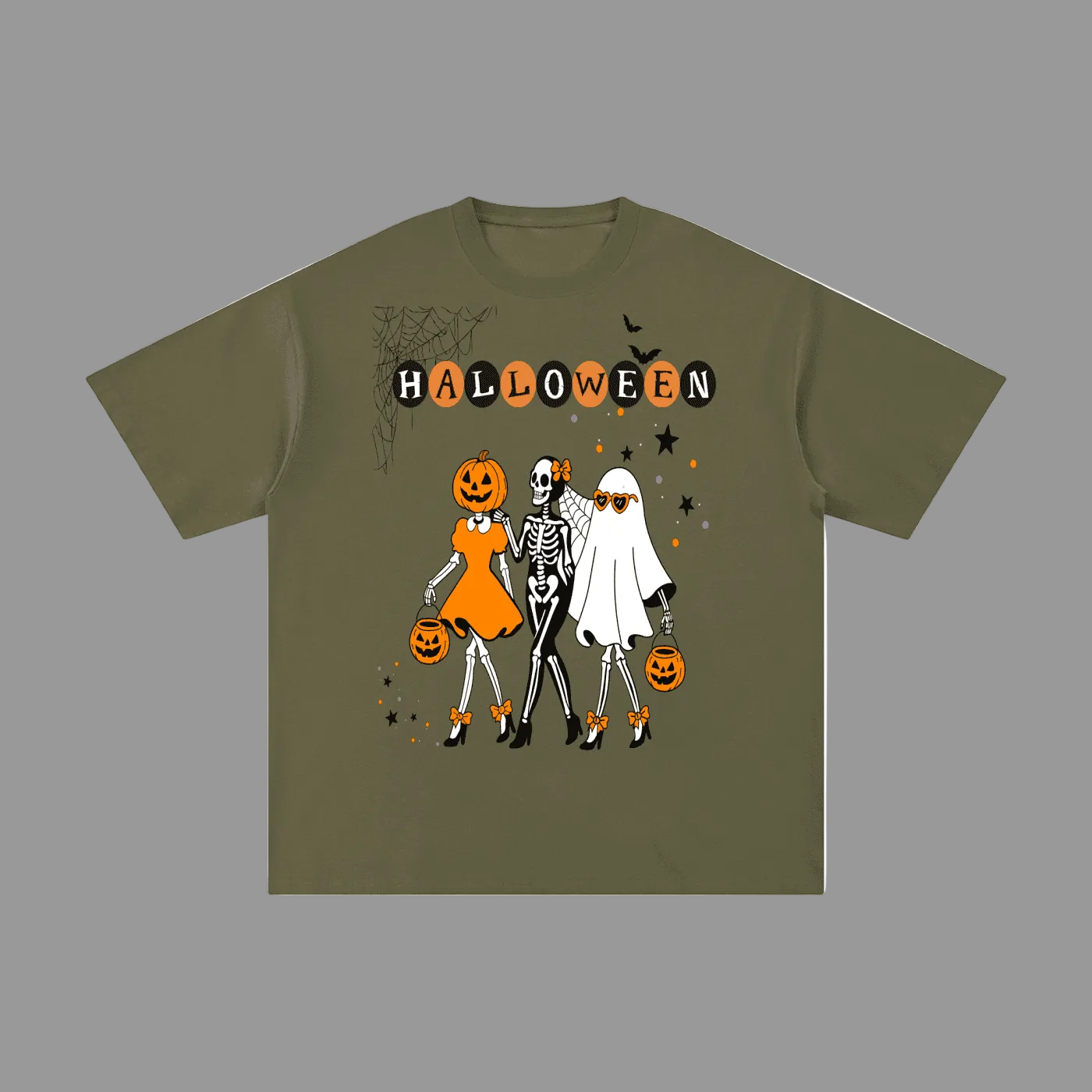 An olive green short-sleeve t-shirt with a Halloween-themed graphic print on the front, featuring cartoon skeletons in orange and white costumes, jack-o'-lanterns, and the word 'HALLOWEEN' in orange letters.