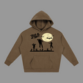 A brown pullover hoodie with a black graphic of a full moon, bats, silhouettes of children and a zombie, and the text 'Treat or Treat' on the chest, shown against a plain gray background.