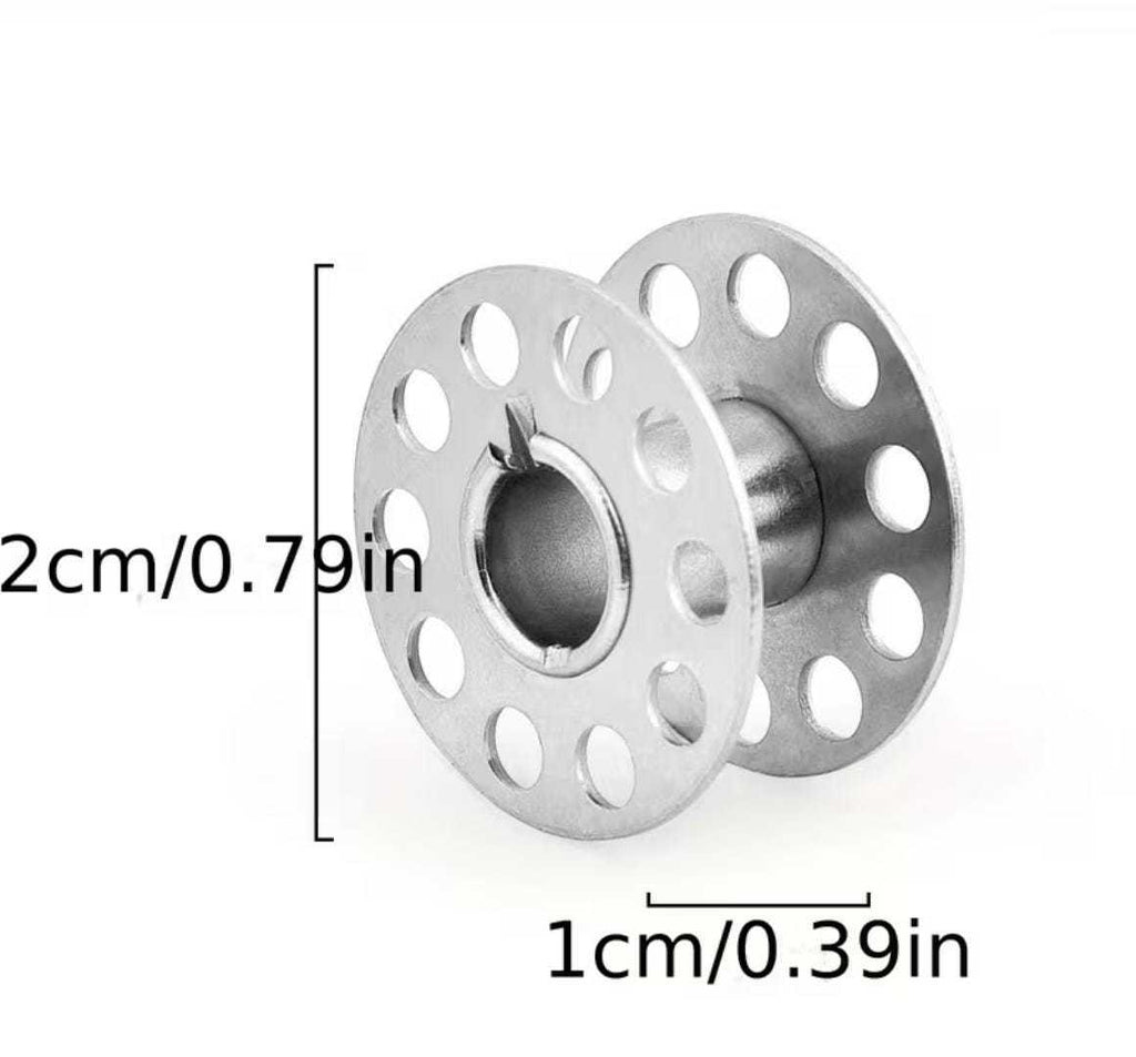 Stainless steel sewing machine bobbin with size dimensions shown for replacement and sewing machine compatibility