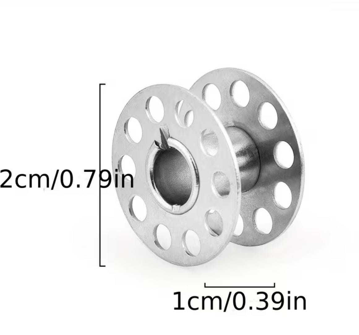 Stainless steel sewing machine bobbin with size dimensions shown for replacement and sewing machine compatibility