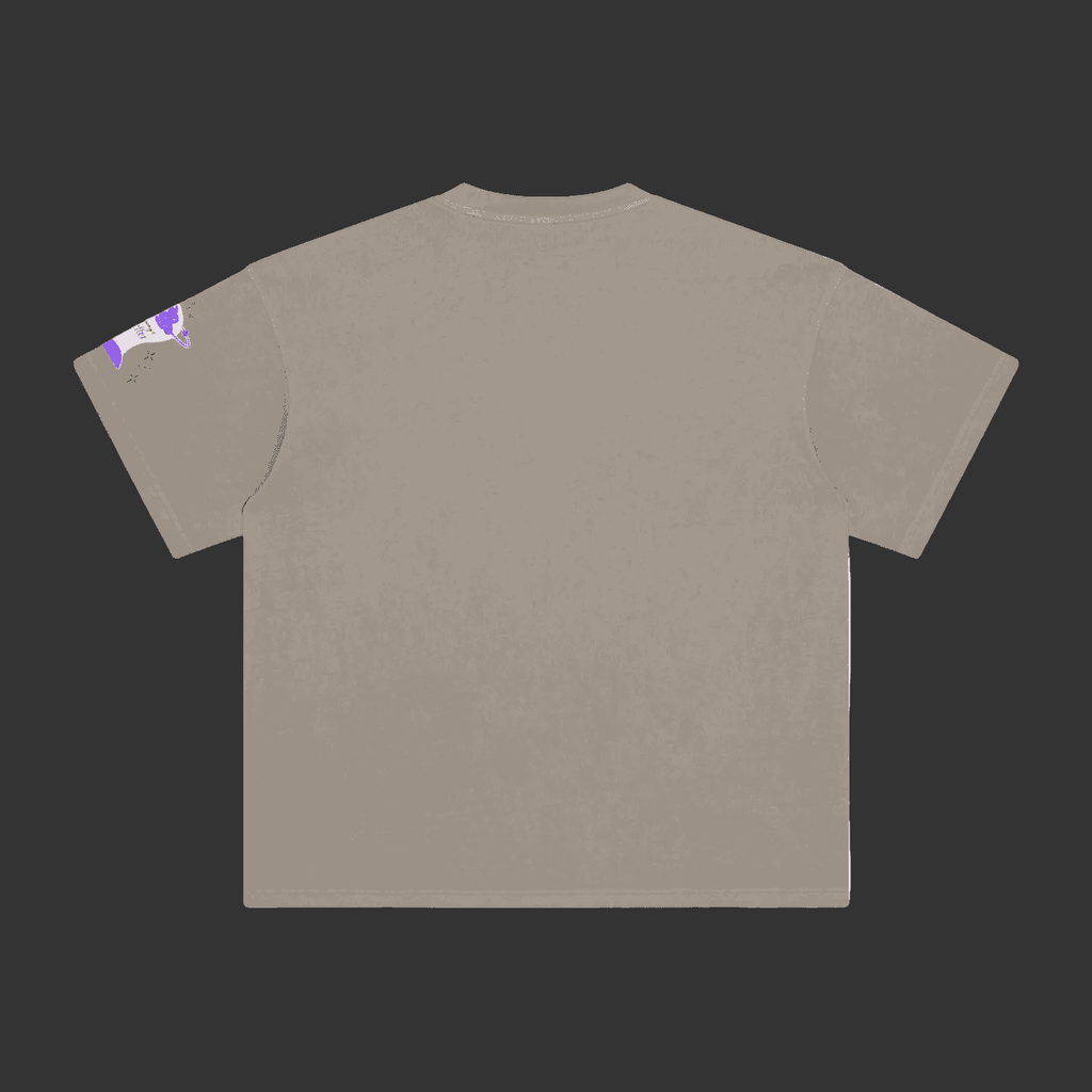 A short-sleeve crewneck t-shirt in a muted taupe-gray color, shown from the back. It features a small colorful graphic on the left sleeve.