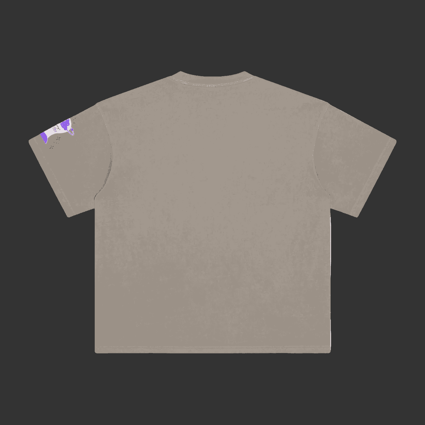 A short-sleeve crewneck t-shirt in a muted taupe-gray color, shown from the back. It features a small colorful graphic on the left sleeve.