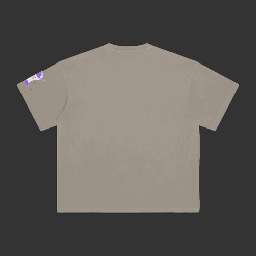 A short-sleeve crewneck t-shirt in a muted taupe-gray color, shown from the back. It features a small colorful graphic on the left sleeve.