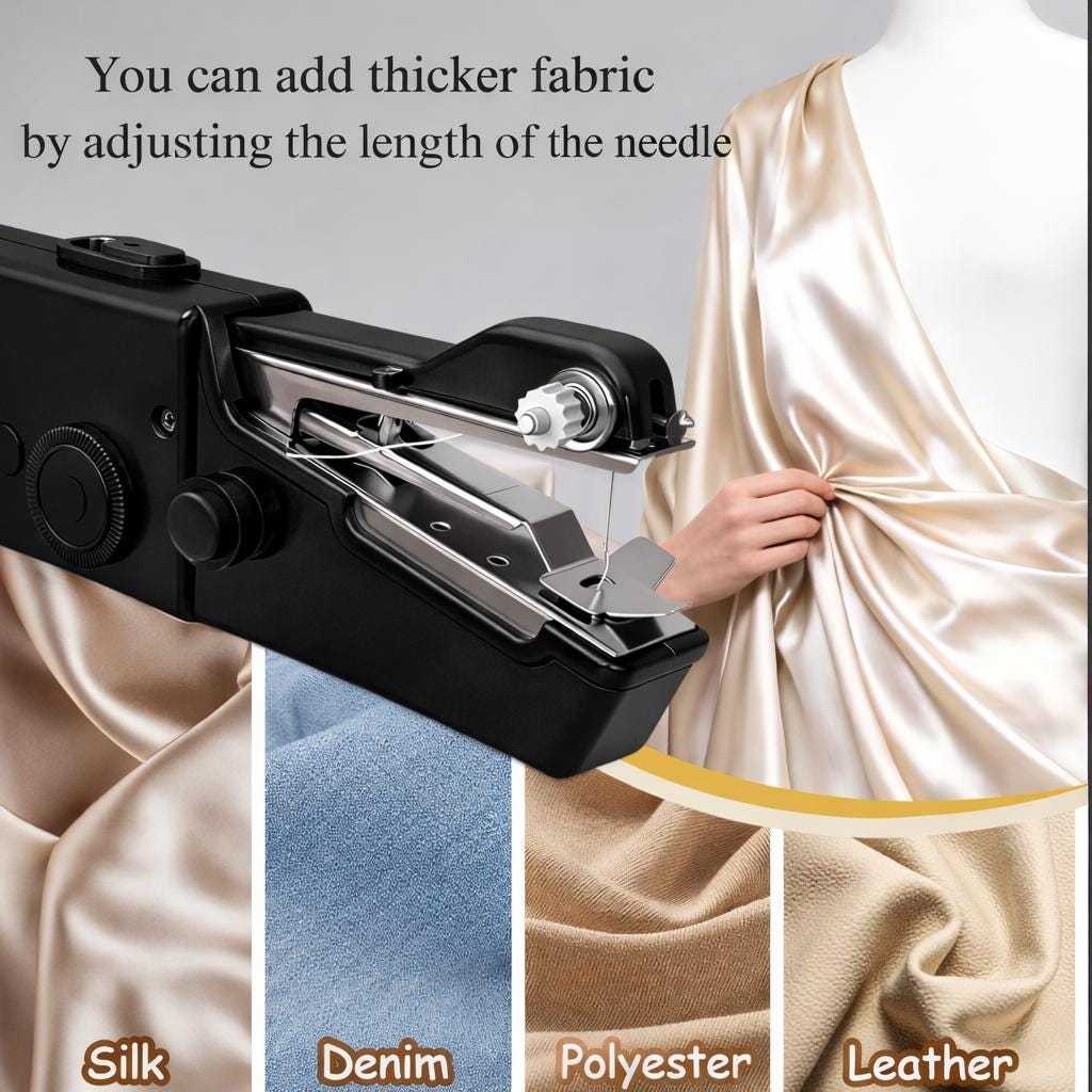 Compact sewing machine for fabric repair on satin, denim, polyester, and leather fabrics