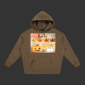 A brown pullover hoodie with a front kangaroo pocket and a square 'Hello Fall' graphic on the chest, featuring a jack-o'-lantern, a white ghost, and autumn leaves, shown on a plain gray background