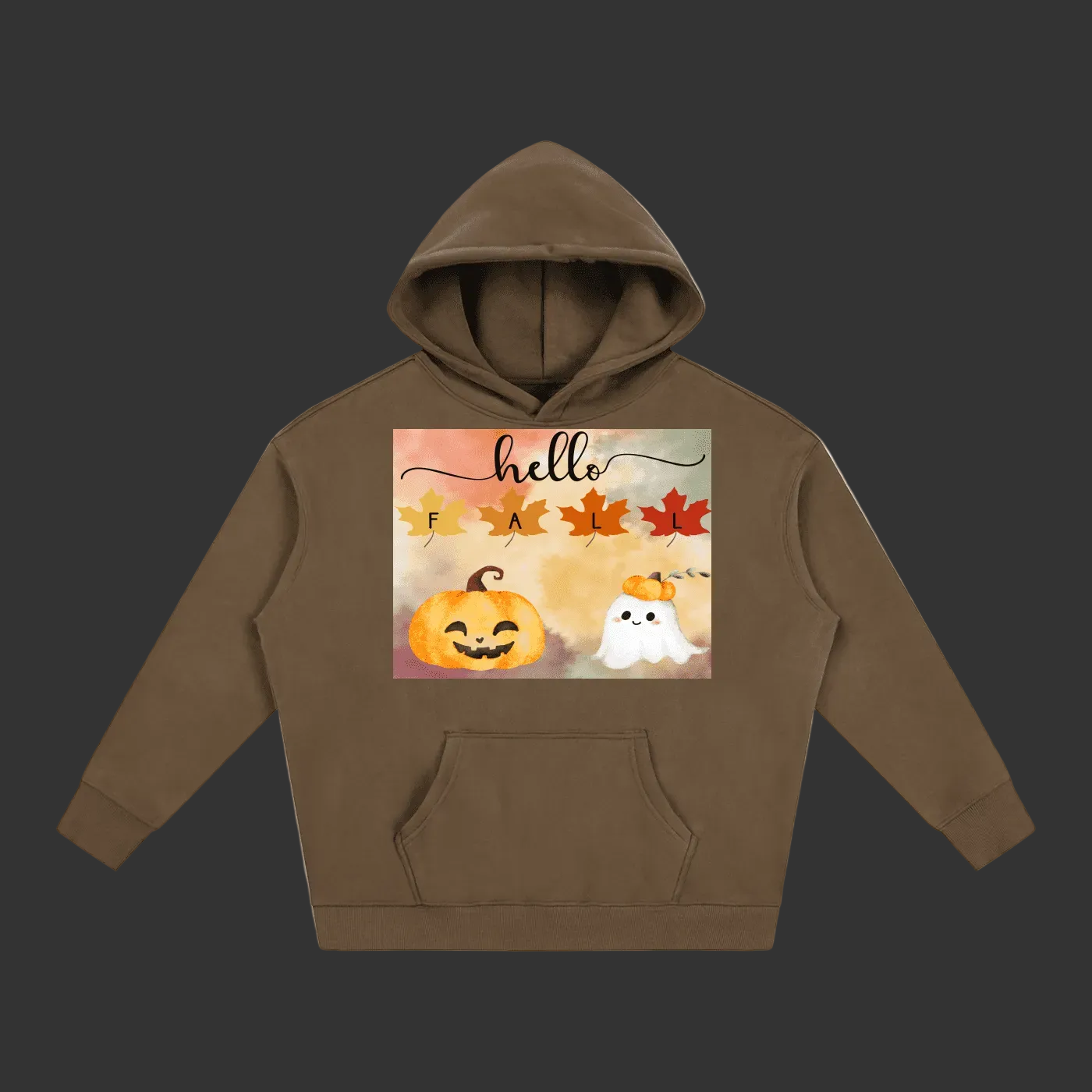 A brown pullover hoodie with a front kangaroo pocket and a square 'Hello Fall' graphic on the chest, featuring a jack-o'-lantern, a white ghost, and autumn leaves, shown on a plain gray background