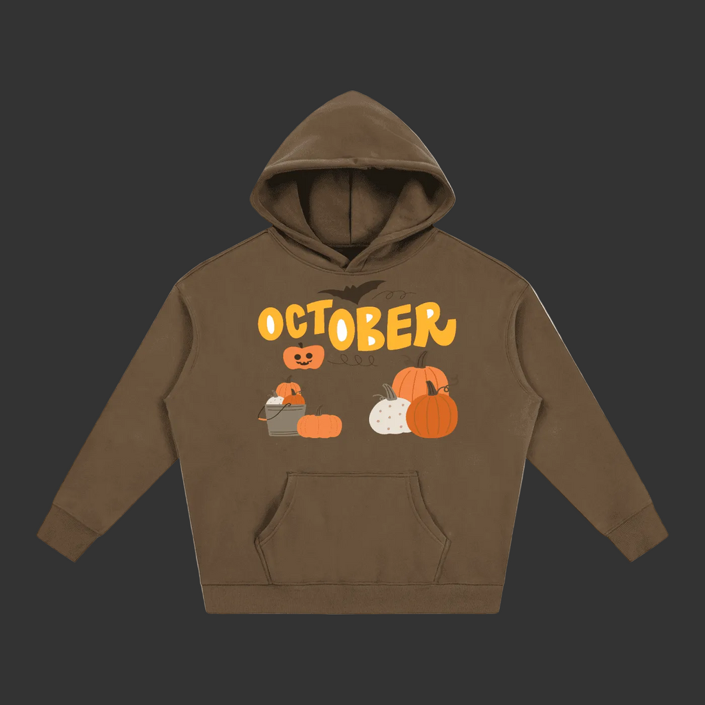 Brown hoodie featuring a colorful October pumpkin graphic with pumpkins, bats, and fall elements, made of soft material