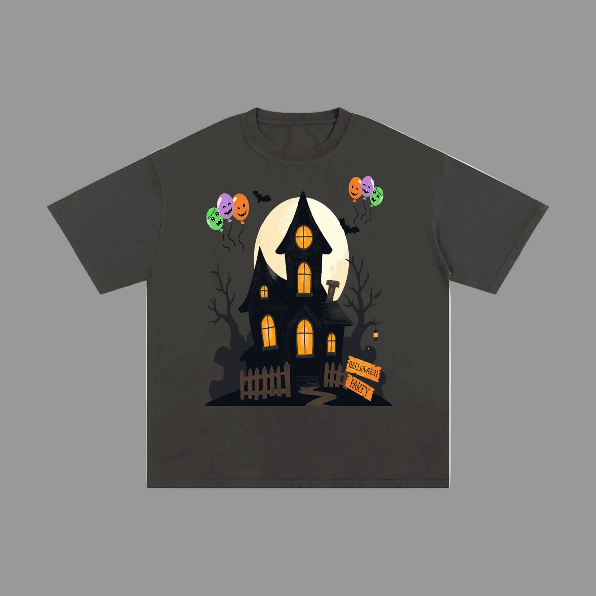 A dark charcoal gray t-shirt featuring a graphic of a spooky haunted house under a full moon, with jack-o'-lantern balloons and a 'DO NOT DISTURB' sign.